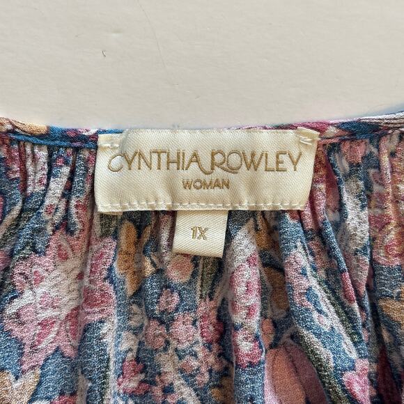 Cynthia Rowley Peasant Top Womens Size 1X Dusty Blue & Pink Floral Flowy Boho - Picture 4 of 7